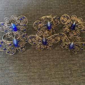 Unbranded Butterfly Napkin Rings Set of 6 Blue Silver Excellent Wire Beaded Boho
